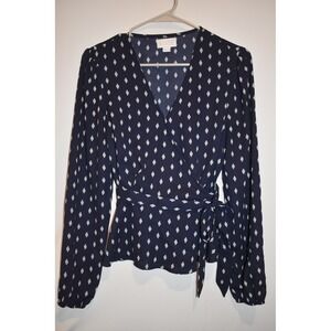 Vixbe Sheer Wrap Blouse Women's Small Navy Blue Elastic Waist Lightweight